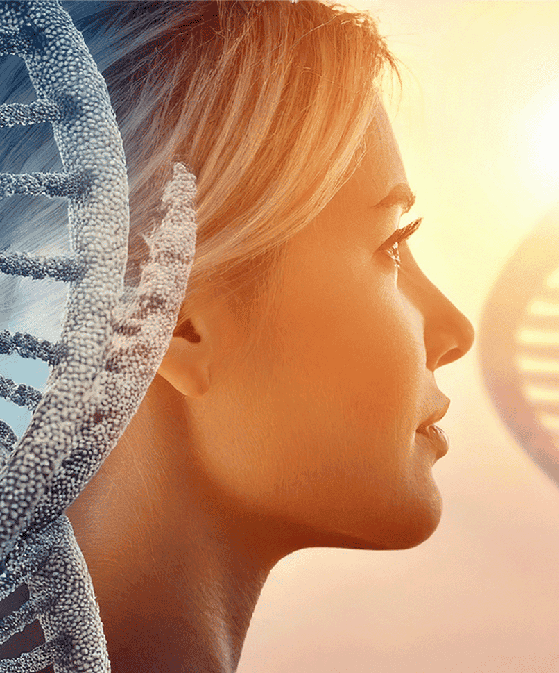 Profil einer Frau mit DNA-Strang in Blautönen am Hinterkopf